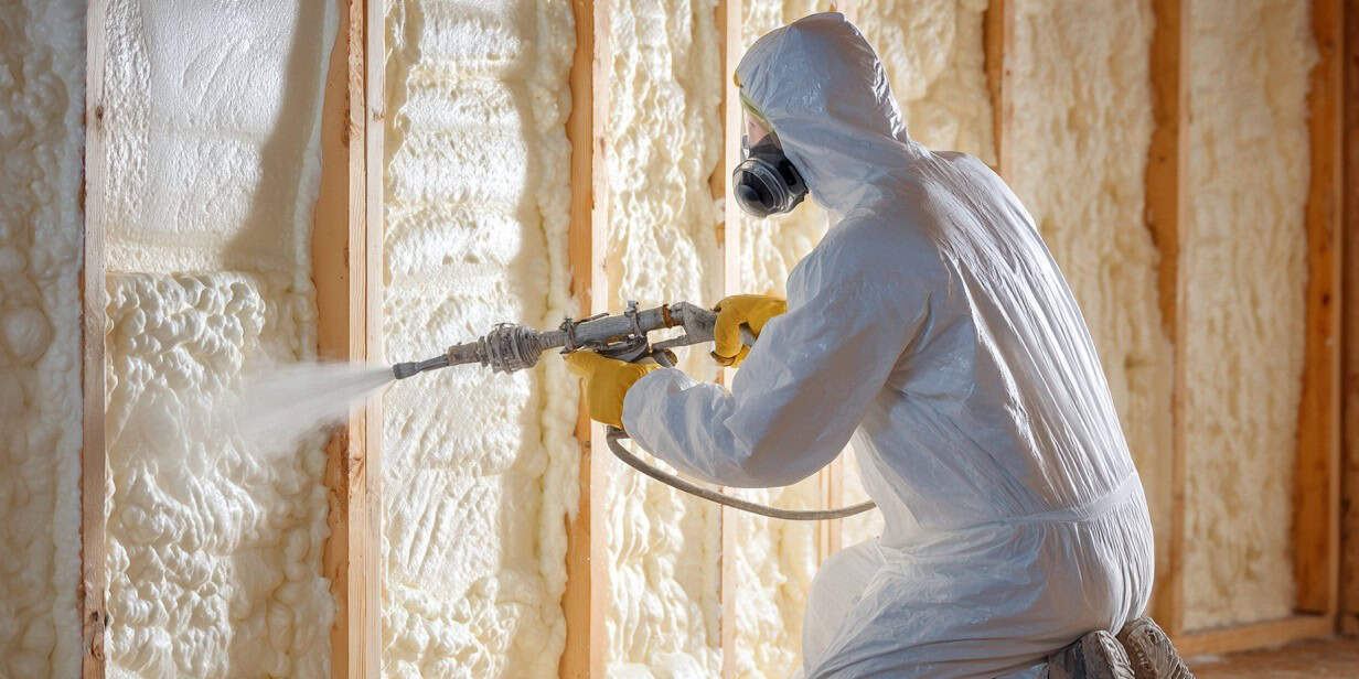 Technician applying spray foam insulation to a wall in a home